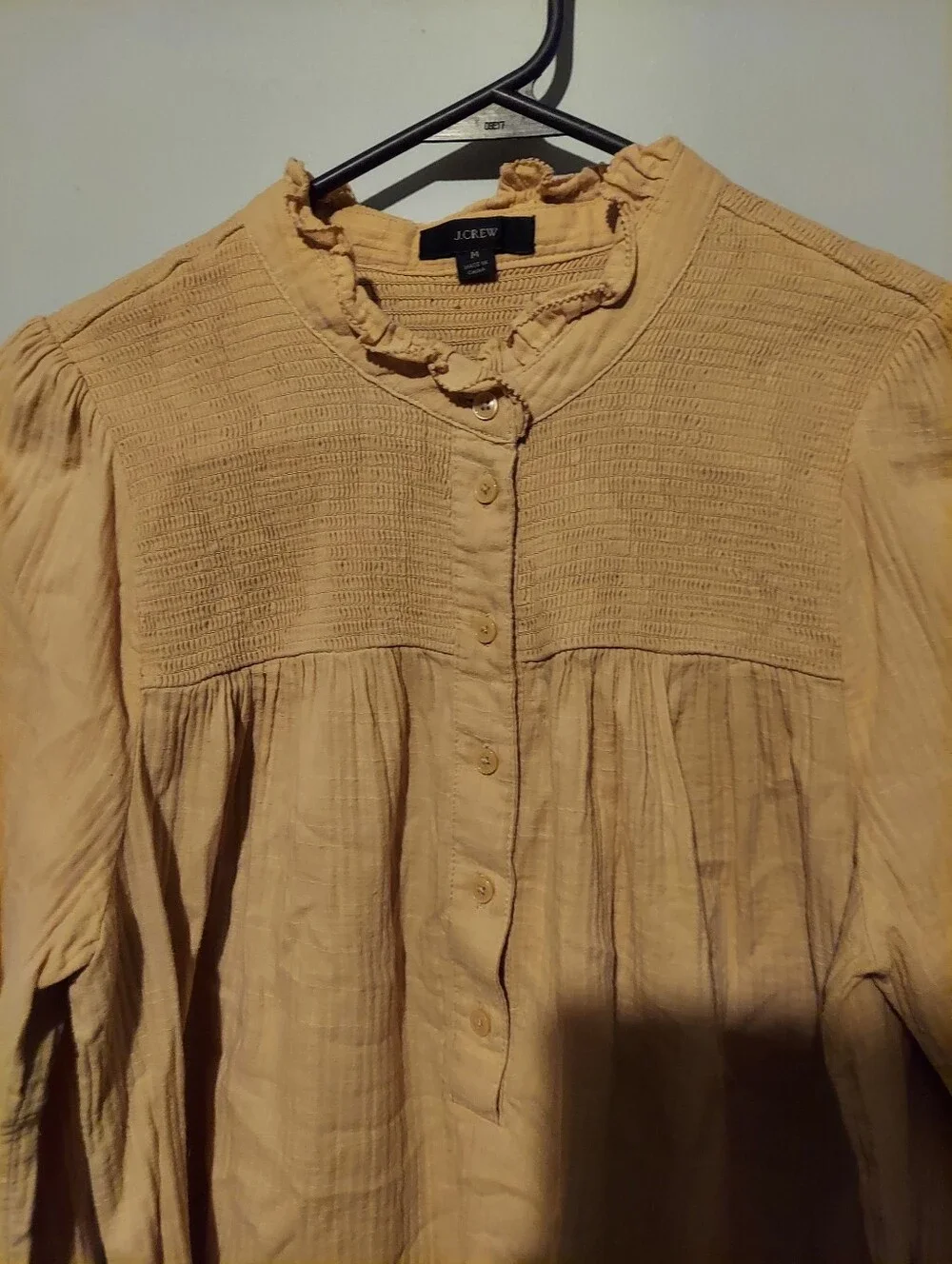 J. Crew Tan Long Sleeve Gauze Top Size Medium Boho Peasant Cottage Preppy Smock